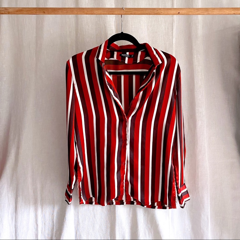 NastyGal Satin Button Down Striped Long Sleeve